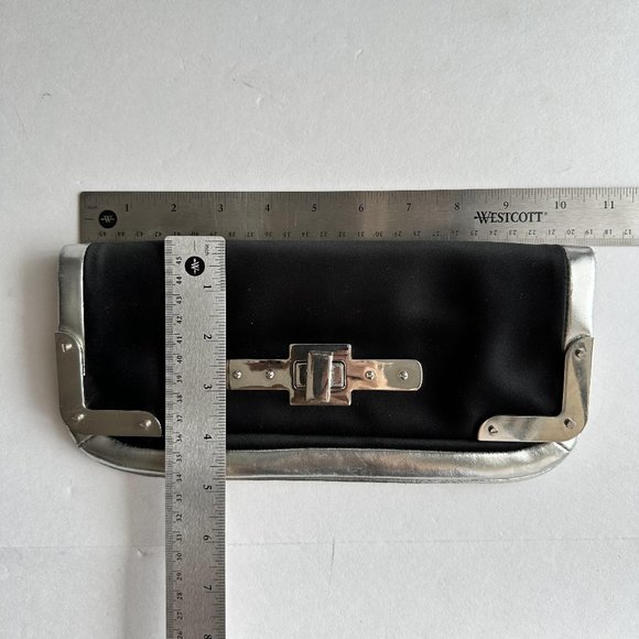 Ann Taylor Mini Satin Black Silver Purse Clutch Modern Design Evening Bag - Picture 8 of 9